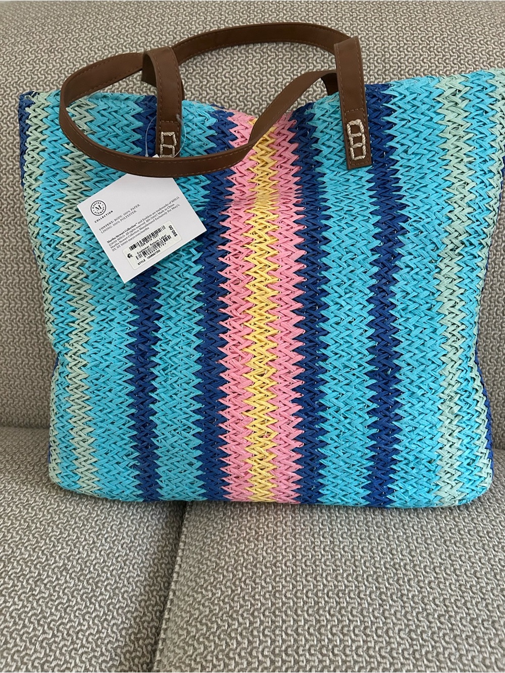 Martha Stewart Multicolor Woven Beach Tote with Brown Leather Handles